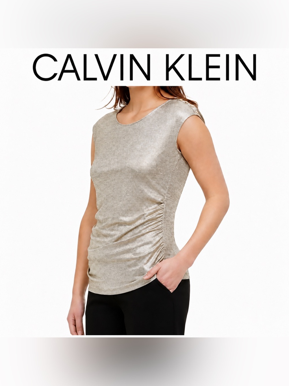 Calvin Klein Metallic Silver Ruched Top Medium New Year Holiday Party